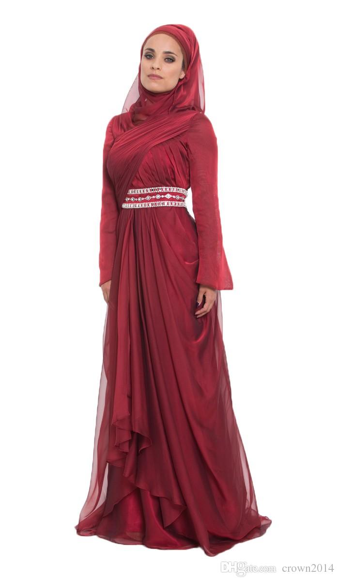 Burgundy Chiffon Formal Long Maxi Lace Appliques Evening Dresses With Hijab Long Sleeve 2022 Beaded Pleated Layered Ruffle Arabic Muslim Dre
