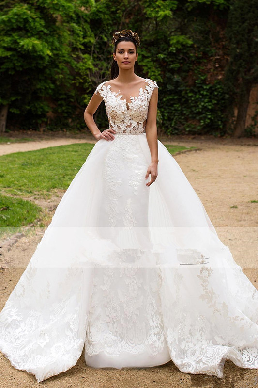 Elegant Lace Mermaid Wedding Dresses Illusion Cap Sleeves Tulle Applique Formal Wedding Bride Gowns With Detachable SkirtBA7214
