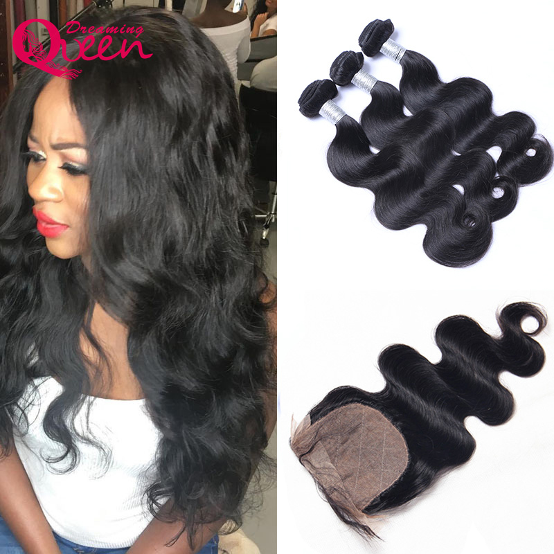 Body Wave Unprocessed 100% India Human Hair Extensions 3 Bundles With Silk Base Lace Closure Natural Hairline