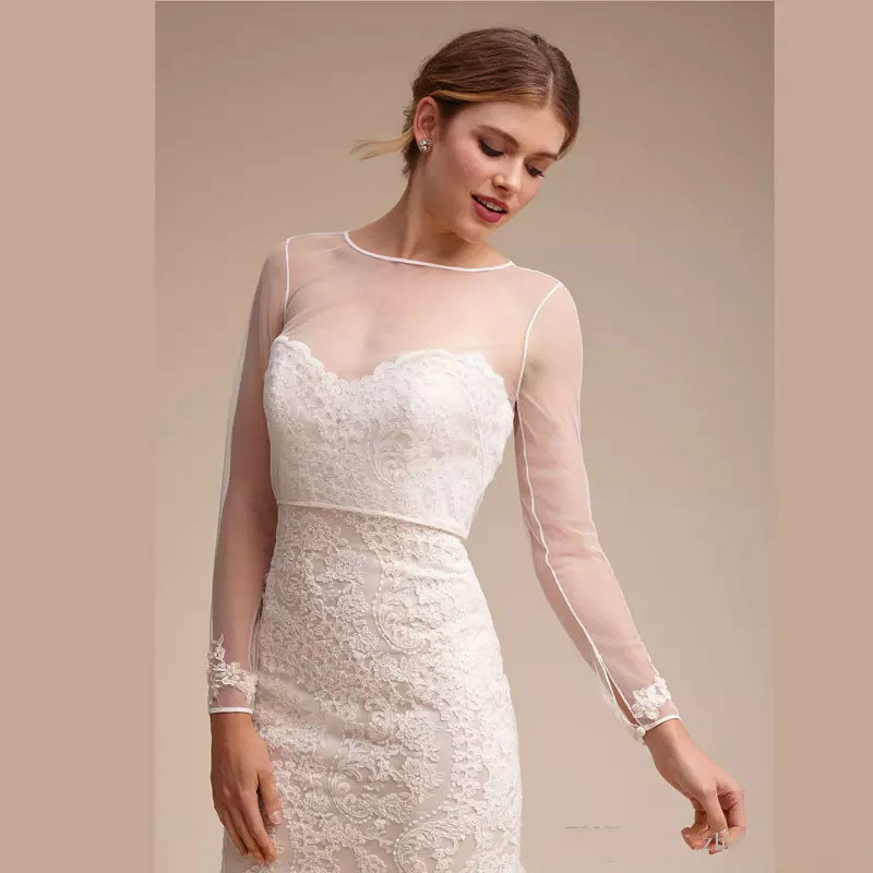 Sheer Wedding Capes Simple Shawl For Sweetheart Wedding Dresses Elegant Long Sleeve Bridal Lace Jackets White Wedding Accessories Applique