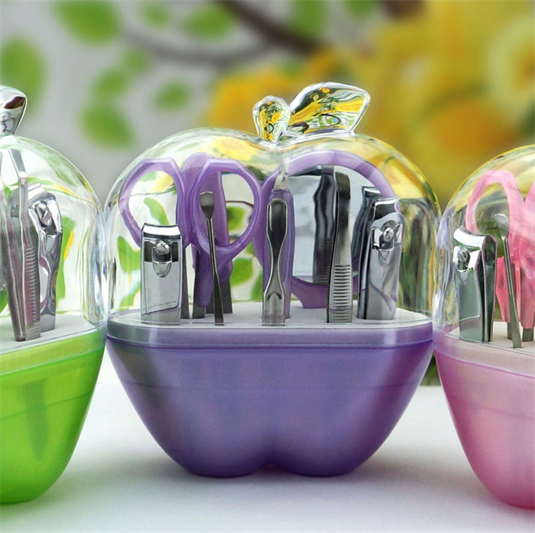 Wholesale-9pcs Apple Makeup Manicure Set & Kit Nail Scissors Nail File Cuticle Pushers Eyebrow Scissors Ear Pick, Nail Tools 2916-2