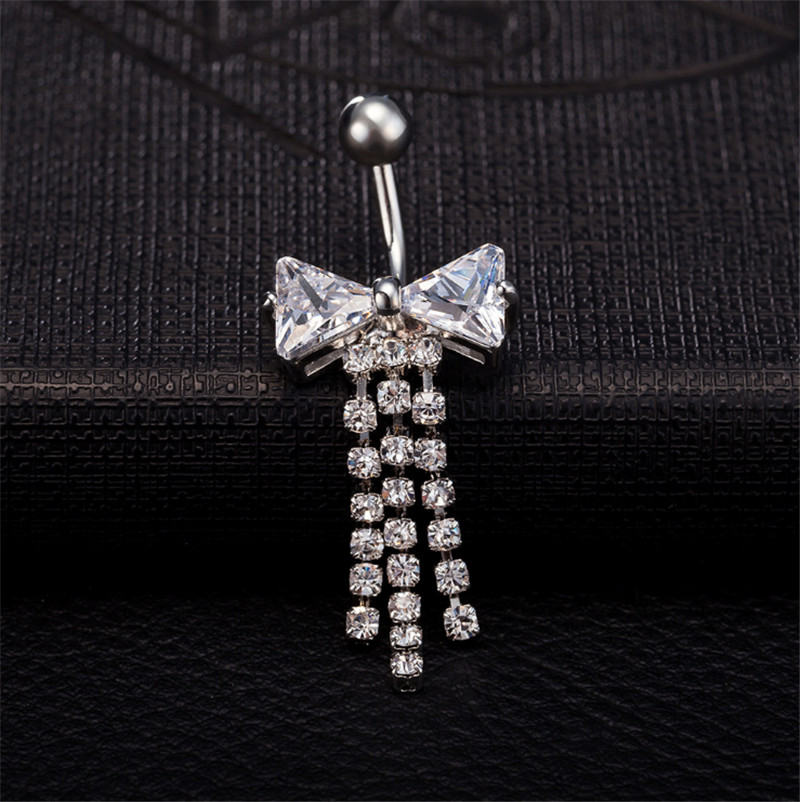 Women Lovery Body Piercing Dangle Navel Ring White Gold Plated Bowknot Tassles Belly Dance Ring for Girls Women