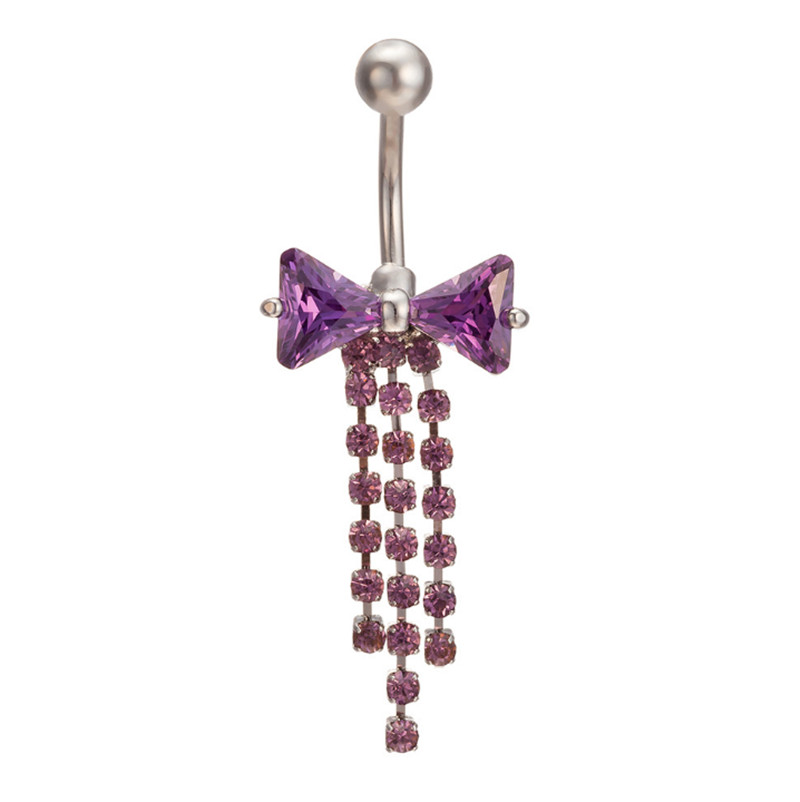 Women Lovery Body Piercing Dangle Navel Ring White Gold Plated Bowknot Tassles Belly Dance Ring for Girls Women
