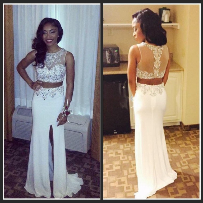 Formal Evening Gowns Dresses Two Tones In One O-Neck Beading Patterns Side Slit White Chiffon Formal Prom Gowns Split Evening Dresses