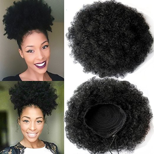 Women human Drawstring Ponytail Extension, African American Short High Afro Kinky Curly Hairpiece, Human Puff Hair pony tail For Black Women
