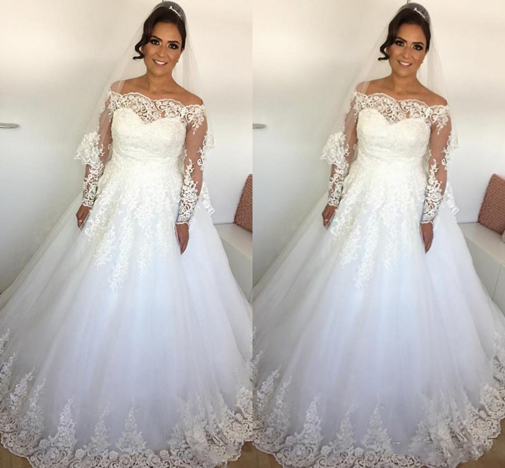 Charming 2018 wedding gowns Off the Shoulder Wedding Dress with Sleeves Lace Appliques Illusion Long Sleeve Tulle Bridal Gowns Custom Made, White
Charming 2018 wedding gowns Off the Shoulder Wedding Dress with Sleeves Lace Appliques Illusion Long Sleeve Tulle Bridal Gowns Custom Made, White