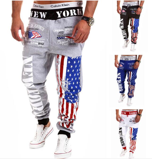 2016 Fashion men joggers pants skinny sweatpants hip hop jogging trousers Flag letters print sweat pants