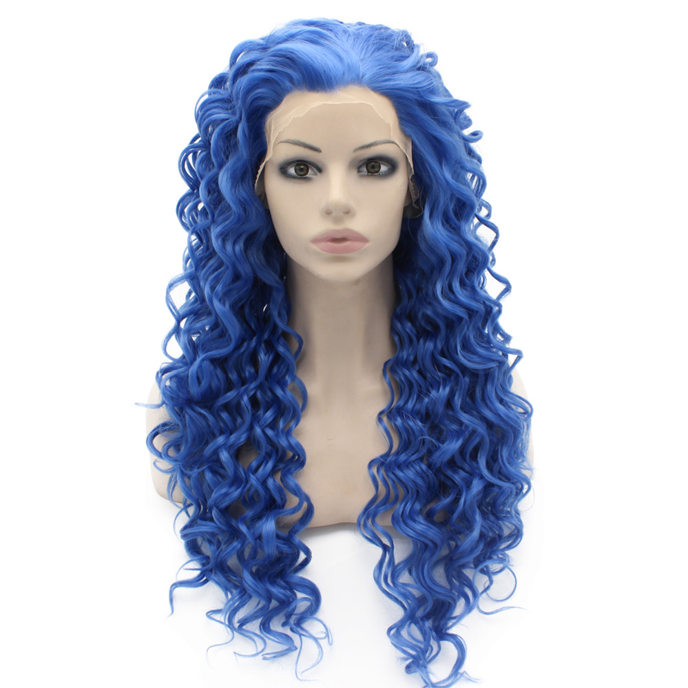 Long Curly Blue Synthetic Lace Front Cosplay Party Wig