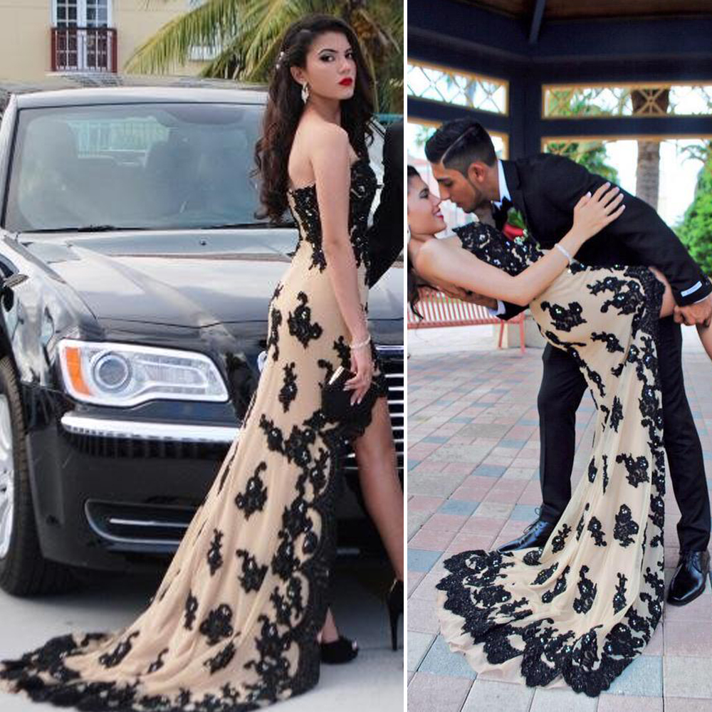 Newest Sleeveless Hi-Lo Black Prom Dress Sweep Train Applique Lace Nude Homecoming Dress Evening Dress vestido longo verde
Newest Sleeveless Hi-Lo Black Prom Dress Sweep Train Applique Lace Nude Homecoming Dress Evening Dress vestido longo verde