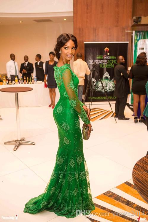 Elegant Emerald Green Lace Mermaid Prom Dresses With Long Sleeves Sheer Neck Trumpet Celebrity Red Carpet Miss Nigeria Evening Formal Gowns
