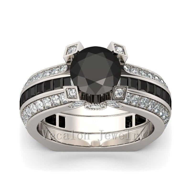 Vecalon Lovers Silver Jewelry Engagement ring Black Simulated diamond Cz 925 Sterling Silver wedding Band ring Set for women