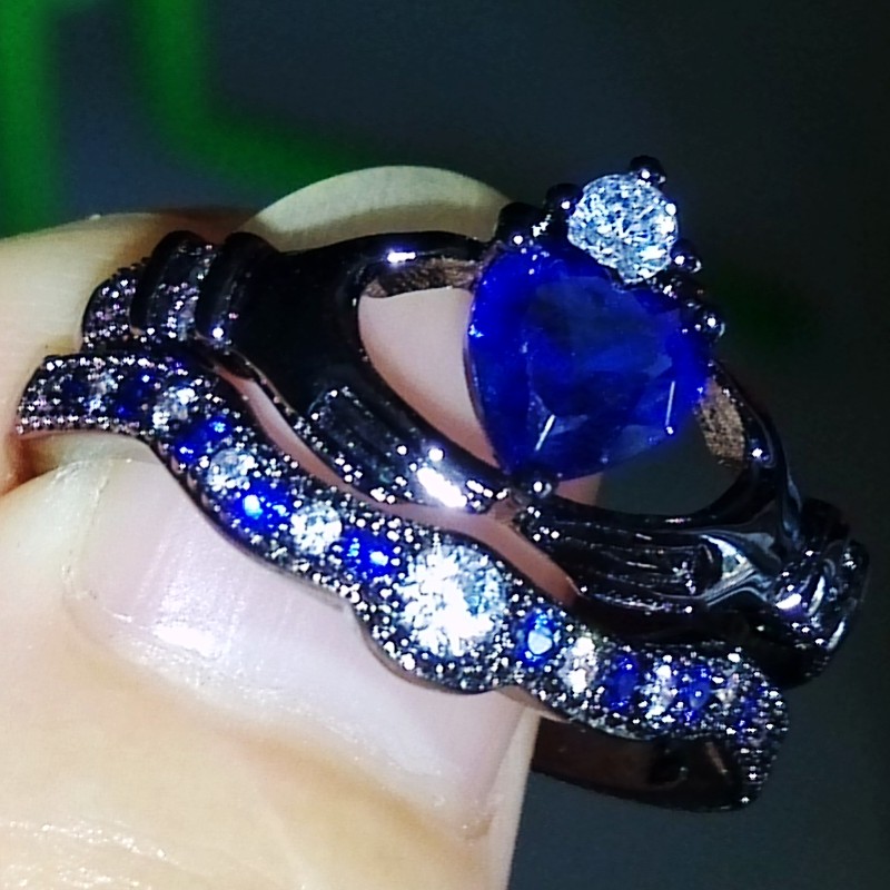 Heart Jewelry Sterg Sier Black Gold Plated Blue Sapphire CZ Dia Bridal Ring Size 5-11