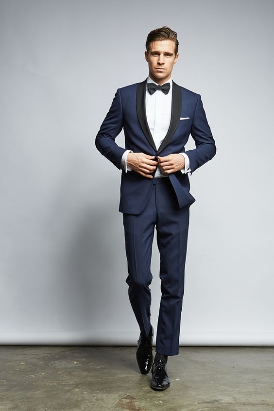 Handsome Dark Navy Mens Suits Slim Fit One Button Groom Wedding Suit Cheap Two Pieces Custom Tuxedos (Jacket+Pants+Bow Tie)