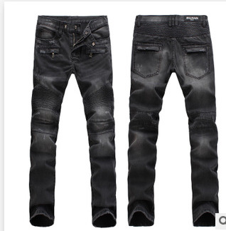 High street motor Biker Mens Slim Fit folds Jeans Washed Denim Moto gray blue skinny pants for men