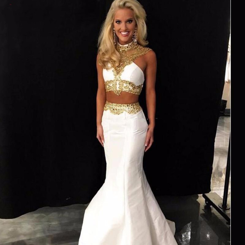 Two Pieces White Gold Mermaid Prom Dresses 2017 Sexy High Neck Crystal Beaded Satin Custom Made Backless Prom Dresses Sweep Train, Orange
Two Pieces White Gold Mermaid Prom Dresses 2017 Sexy High Neck Crystal Beaded Satin Custom Made Backless Prom Dresses Sweep Train, Orange