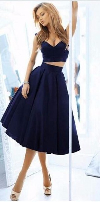 Navy Blue Two Piece Tea Length Prom Dresses Simple V Neck Off the Shoulder Satin A Line Special Occasion Homecoming Dress