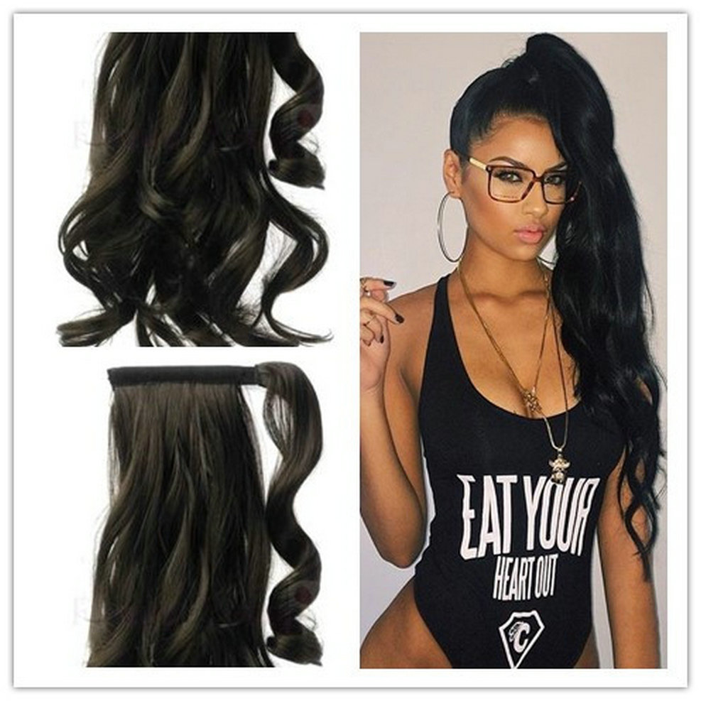 African black wavy 140g human hair wrap around ponytail Clip malaysian virgin hair pony tail human hair Drawstring hairpiece 1b