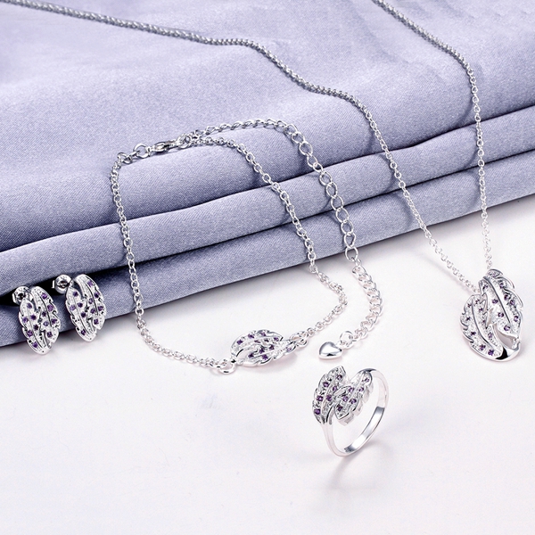Hot sale fashion 925 silver feather necklace bracelet earring ring a famliy of four jewelry sets STSS074A sterling silver blue gemstone