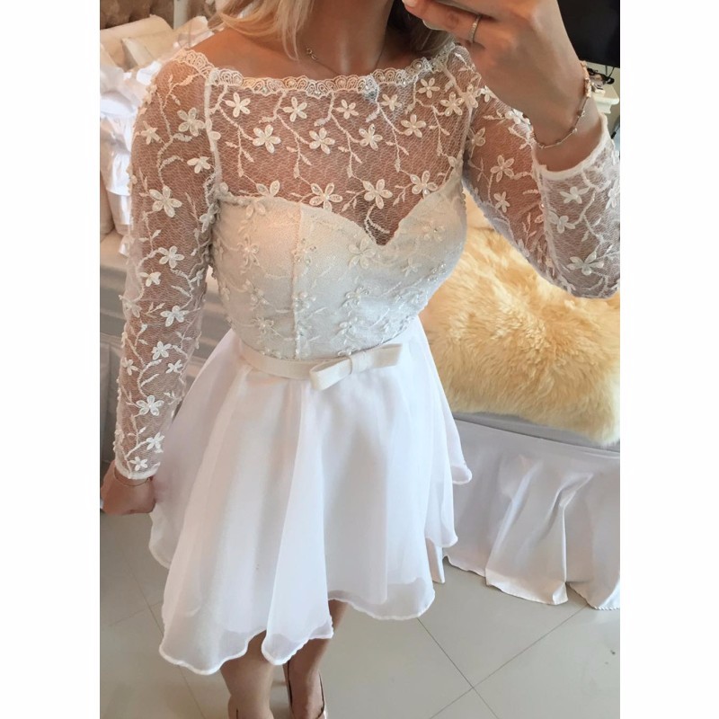 2016 New White Lace Chiffon Homecoming Dresses Bateau Long Sleeves Short Cocktail Dresses Girls Mini Party Gowns, Ivory
2016 New White Lace Chiffon Homecoming Dresses Bateau Long Sleeves Short Cocktail Dresses Girls Mini Party Gowns, Ivory
