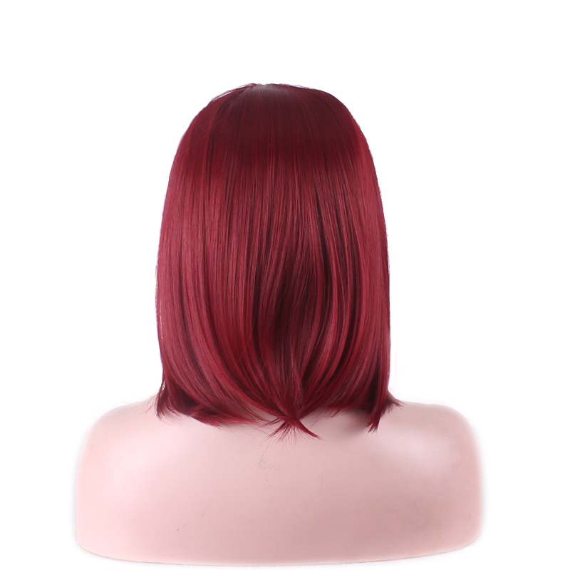 WoodFestival medium length straight synthetic wigs with bangs ladies short burgundy wig high temperature silk fiber hair