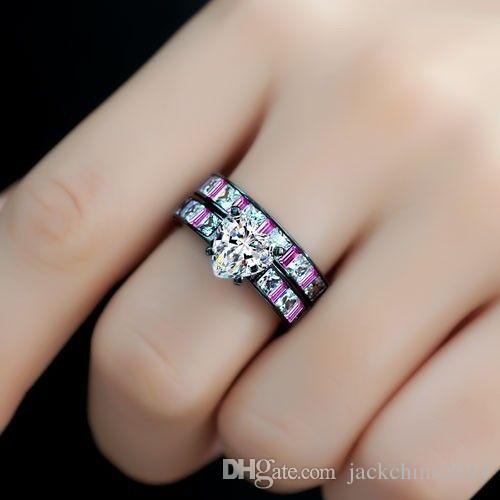 Classic Victoria Wieck Luxury Jewelry Pink sapphire Diamonique cz Diamond 10KT Black Gold Filled 2 Wedding Women Ring Set Size 5-11
