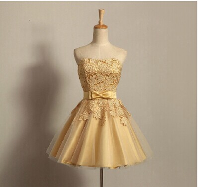 Short Lace Tulle Ball Gown Bridesmaid Dress With Appliques 2016 Gold Party Dress Knee Length Real Photo