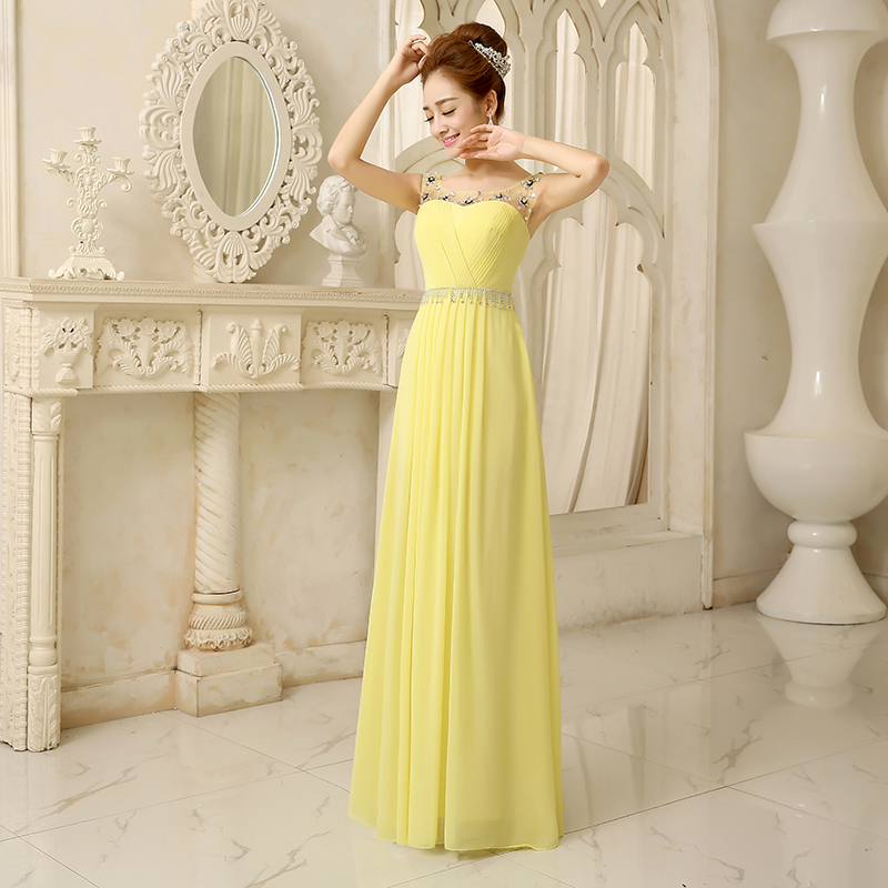 Beaded Crystal Long Chiffon Bridesmaid Dress With Scoop Neckline 2019 Yellow Bridesmaid Gowns For Wedding Party