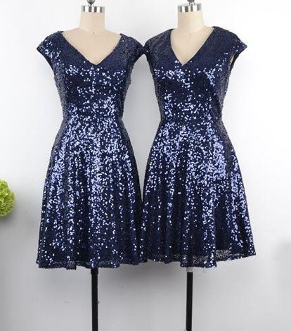Sequin Bridesmaid Dress Short Navy Blue V-neck Bridesmaids Gowns With Cap Sleeves Zipper Back Cheap Plus Size Formal Wedding Party Dress
