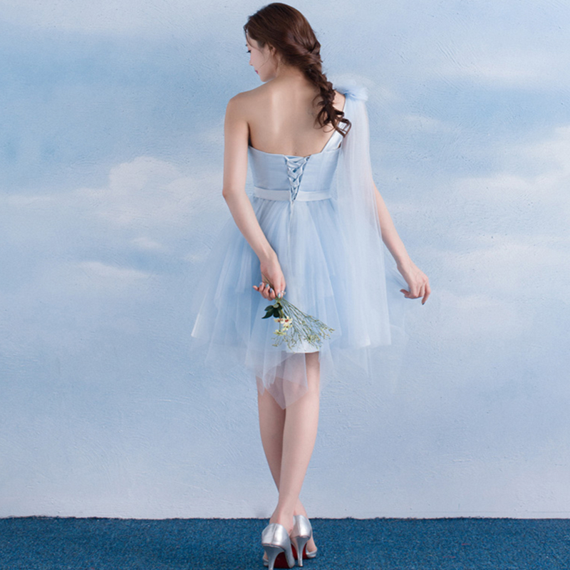 One Shoulder Soft Tulle Short Bridesmaid Dress With Bow Sky Blue 2016 Knee Length Wedding Guest Dress 5 Style Mixed Order