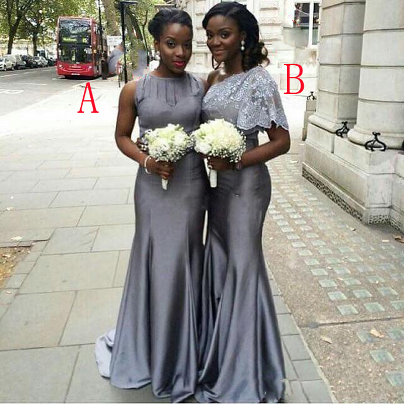 Two Styles Silver Gray Bridesmaid Dresses Mermaid Long Ruched Maid of Honor Satin Party Dresses Custom Made Evening Gowns Free Shipping 
Two Styles Silver Gray Bridesmaid Dresses Mermaid Long Ruched Maid of Honor Satin Party Dresses Custom Made Evening Gowns Free Shipping