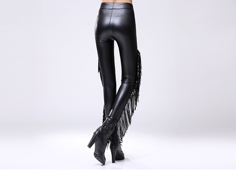 New design womens autumn winter sexy bodyon tassel fringe patchwork PU leather tunic leggings plus velvet tights pants elastic waist