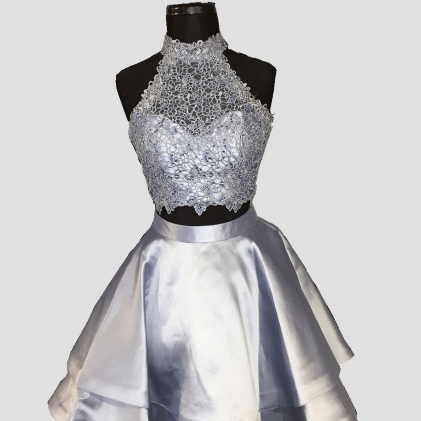 Silver Gray Two Piece Homecoming Dresses High Neck Sleeveless Lace Satin Backless Royal Blue Light Sky Blue Red Short Party Dresses, Champagne
Silver Gray Two Piece Homecoming Dresses High Neck Sleeveless Lace Satin Backless Royal Blue Light Sky Blue Red Short Party Dresses, Champagne