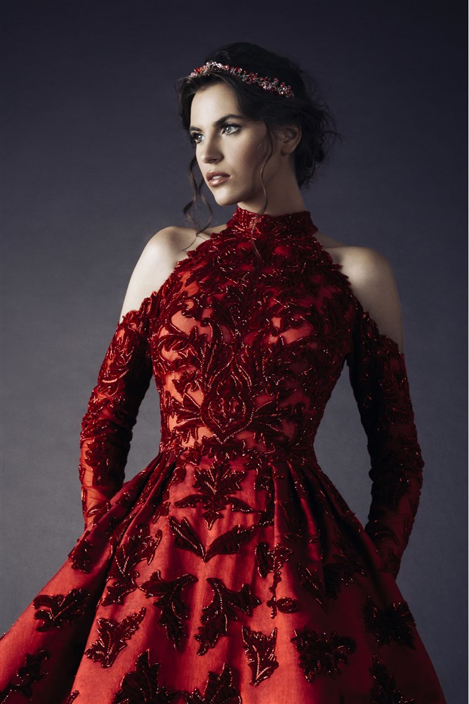 Red Long Rami Kadi Evening Dresses Delicate Beaded High Neck Prom Dress Long Sleeves Floor Length Formal Evening Gowns