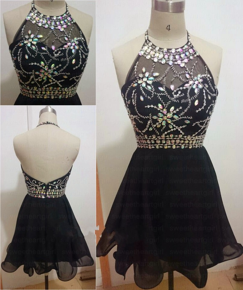 Sexy Short Black Prom Dresses Halter Backless Crystal Beaded Chiffon Cheap Mini Homecoming Graduation Real Photo Dress Gowns Custom, Gold
Sexy Short Black Prom Dresses Halter Backless Crystal Beaded Chiffon Cheap Mini Homecoming Graduation Real Photo Dress Gowns Custom, Gold