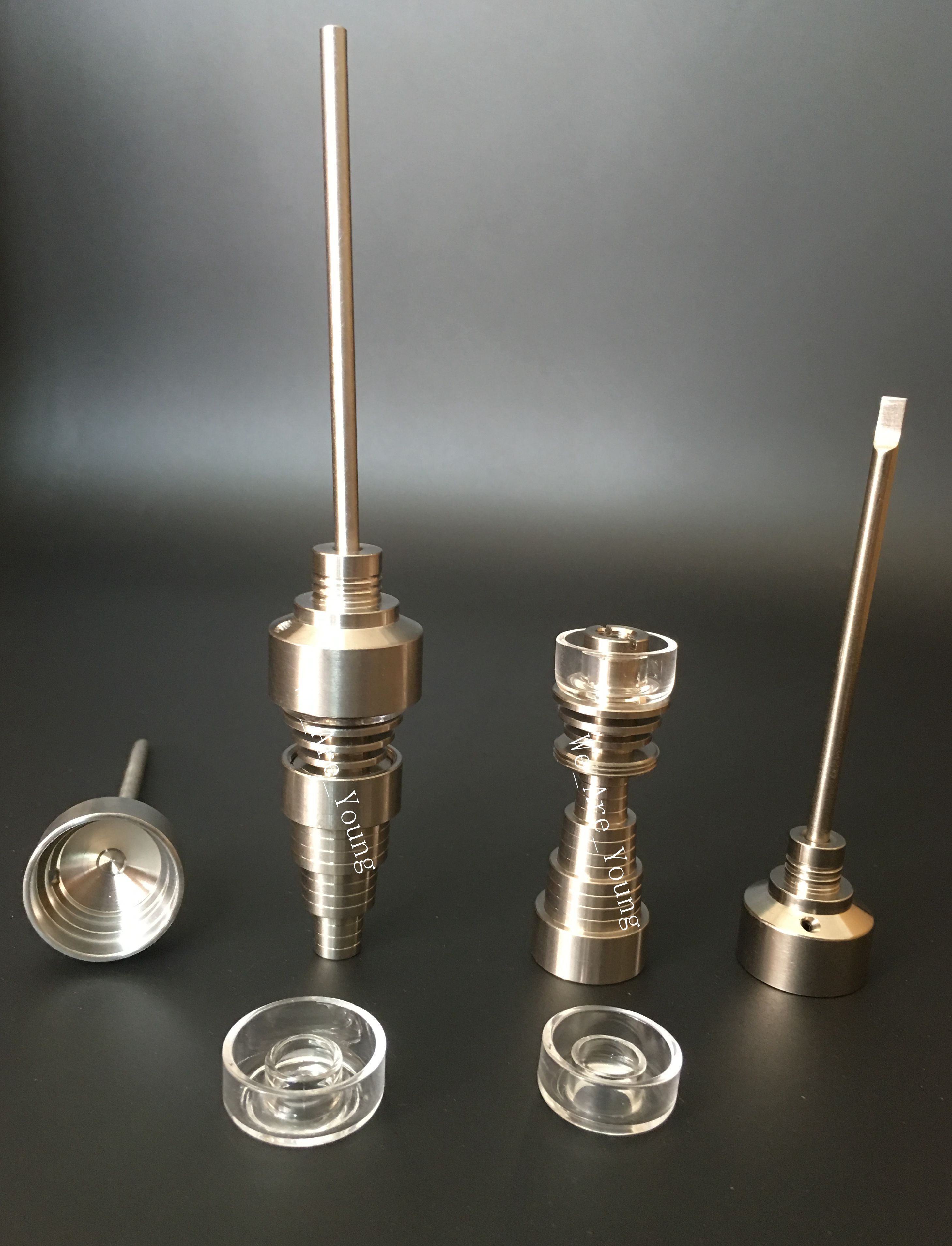 Glass Bong Tool Set 6 in 1 Titanium Nail with Titanium nail Carb Cap 10mm & 14mm & 18mm Adjustable Domeless GR2 Titanium/Quartz Hybrid
Glass Bong Tool Set 6 in 1 Titanium Nail with Titanium nail Carb Cap 10mm & 14mm & 18mm Adjustable Domeless GR2 Titanium/Quartz Hybrid