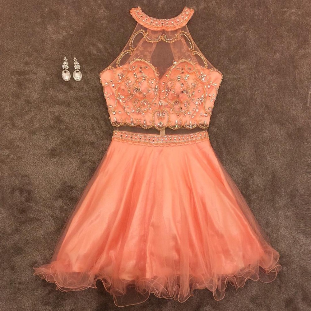Fuchsia Crystal Two Pieces Prom Dress Short Tulle Skirt A-line Halter Homecoming Dresses Evening Party Dress