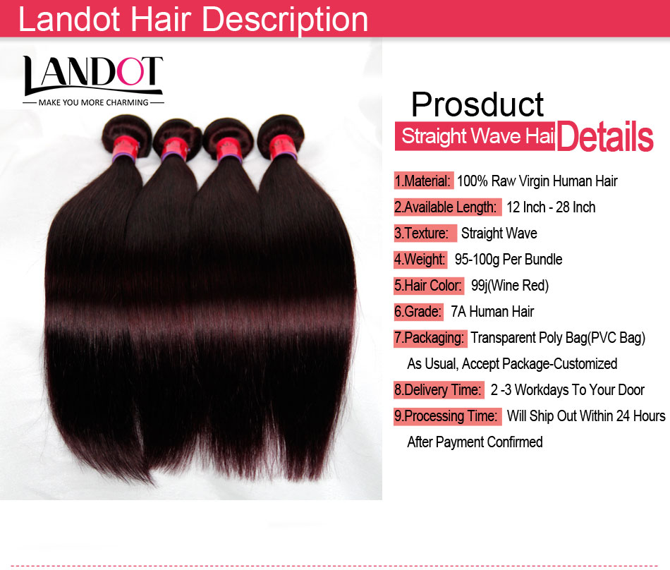 Burgundy Wine Red Color 99J Brazilian Virgin Hair Weave Bundles Peruvian Malaysian Indian Silky Straight Virgin Remy Human Hair Extensions