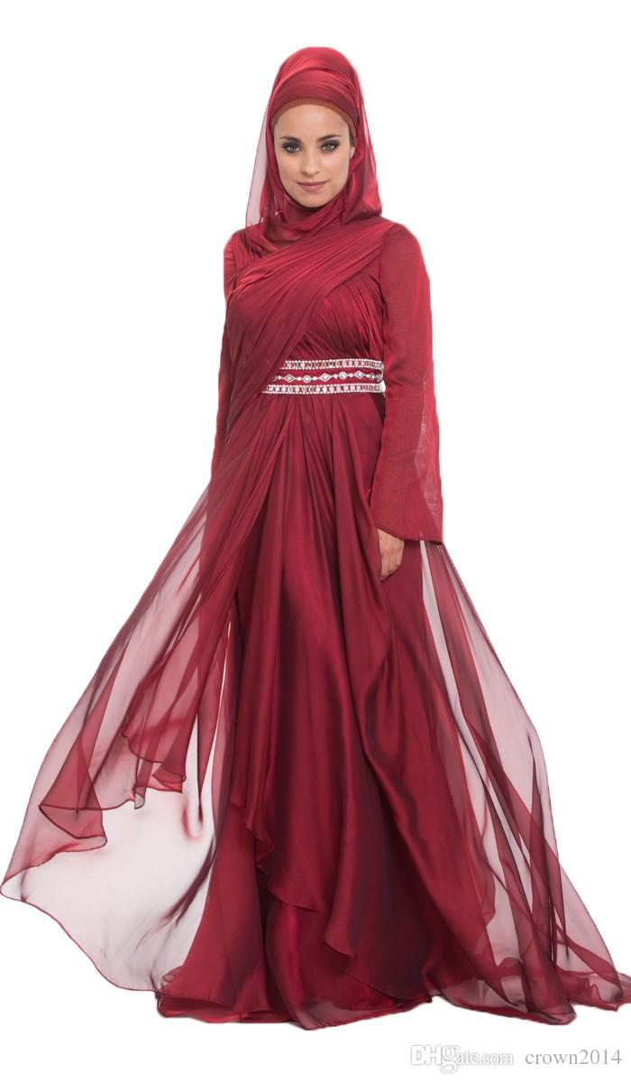 Burgundy Chiffon Formal Long Maxi Lace Appliques Evening Dresses With Hijab Long Sleeve 2022 Beaded Pleated Layered Ruffle Arabic Muslim Dre
