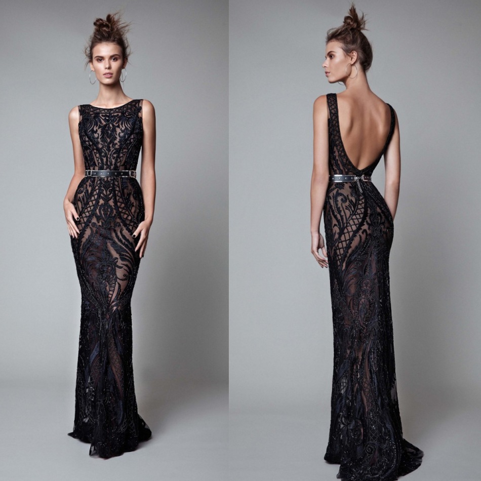 Berta Beading Backless Evening Dresses Black Full Lace Mermaid Prom Gowns Floor Length Formal Dress Custom Made