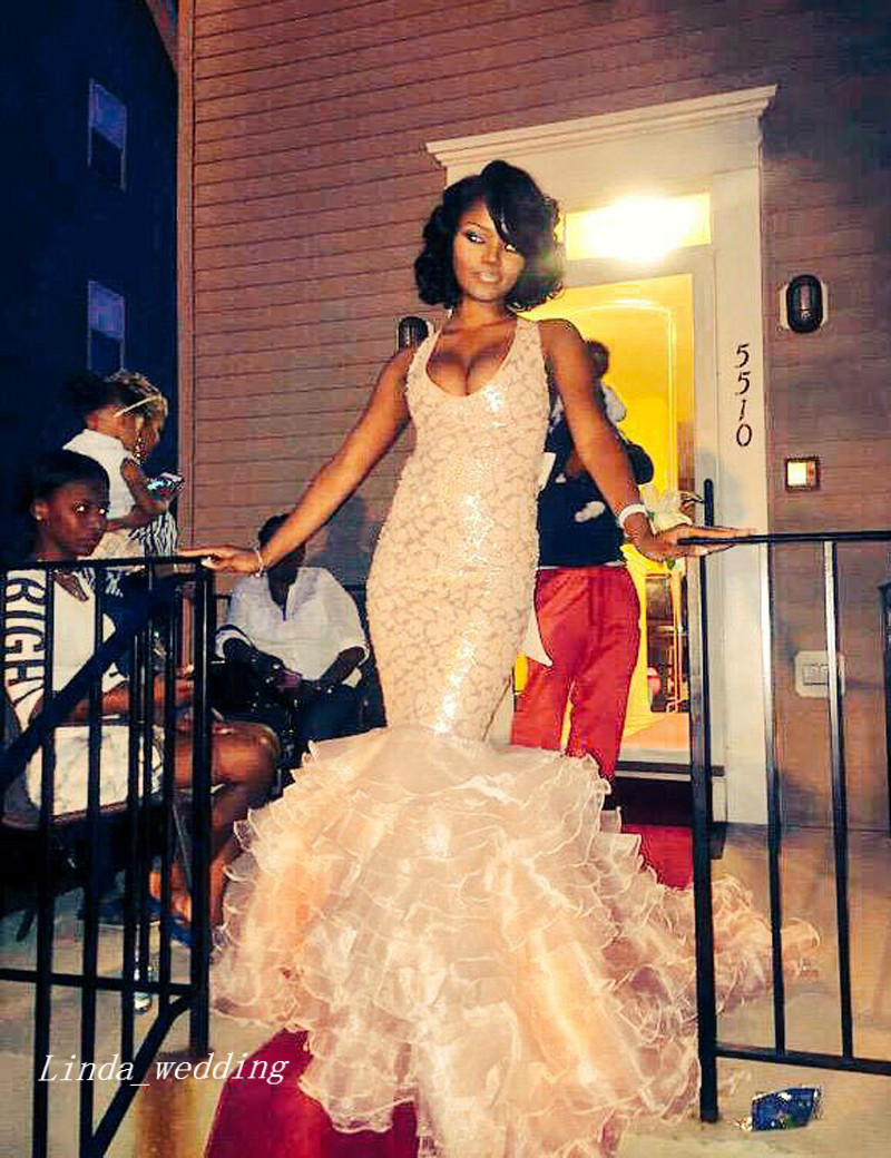 2019 Sexy Mermaid Prom Dress High Quality Halter Ruffles Organza Lace Long African Special Occasion Dress Formal Evening Party Dress