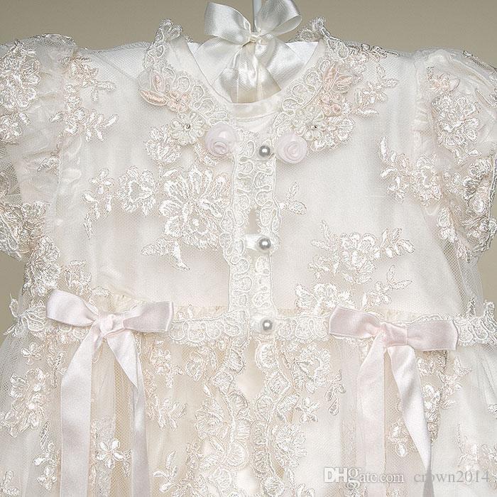 Lace White First Communion Dresses 2022 Short Sleeve High Collar Long Baby Party Birthday flower girl dress With Hat Real Picture