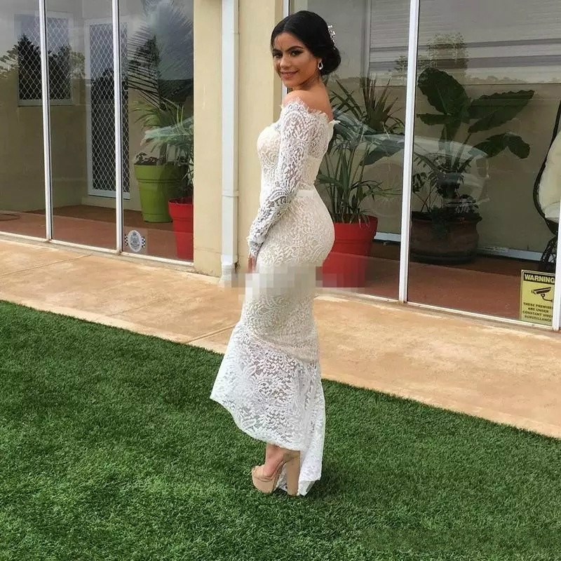Lace Applique Arabic High Low Mermaid Evening Dresses Off Shoulder Cheap Party Formal Dress Long Sleeves Cocktail Gowns Evening Gown