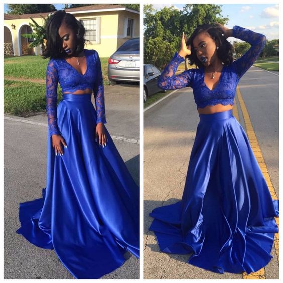 Sexy African Evening Dresses V Neck Sheer Long Sleeves Lace Crop A Line Plain Skirt Royal Blue Prom Dress Two Pieces