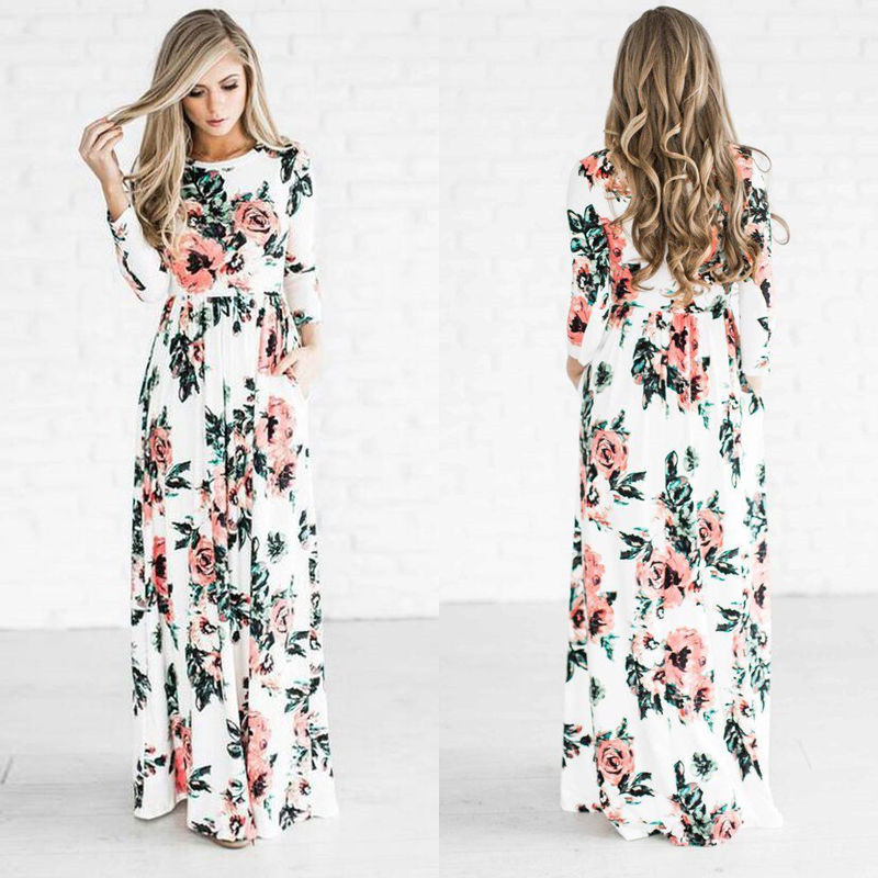 Wholesale- New Casual Women Summer Floral Long Dress High Waist Female Long Sleeve Party Dress Women BOHO Long Maxi Dress