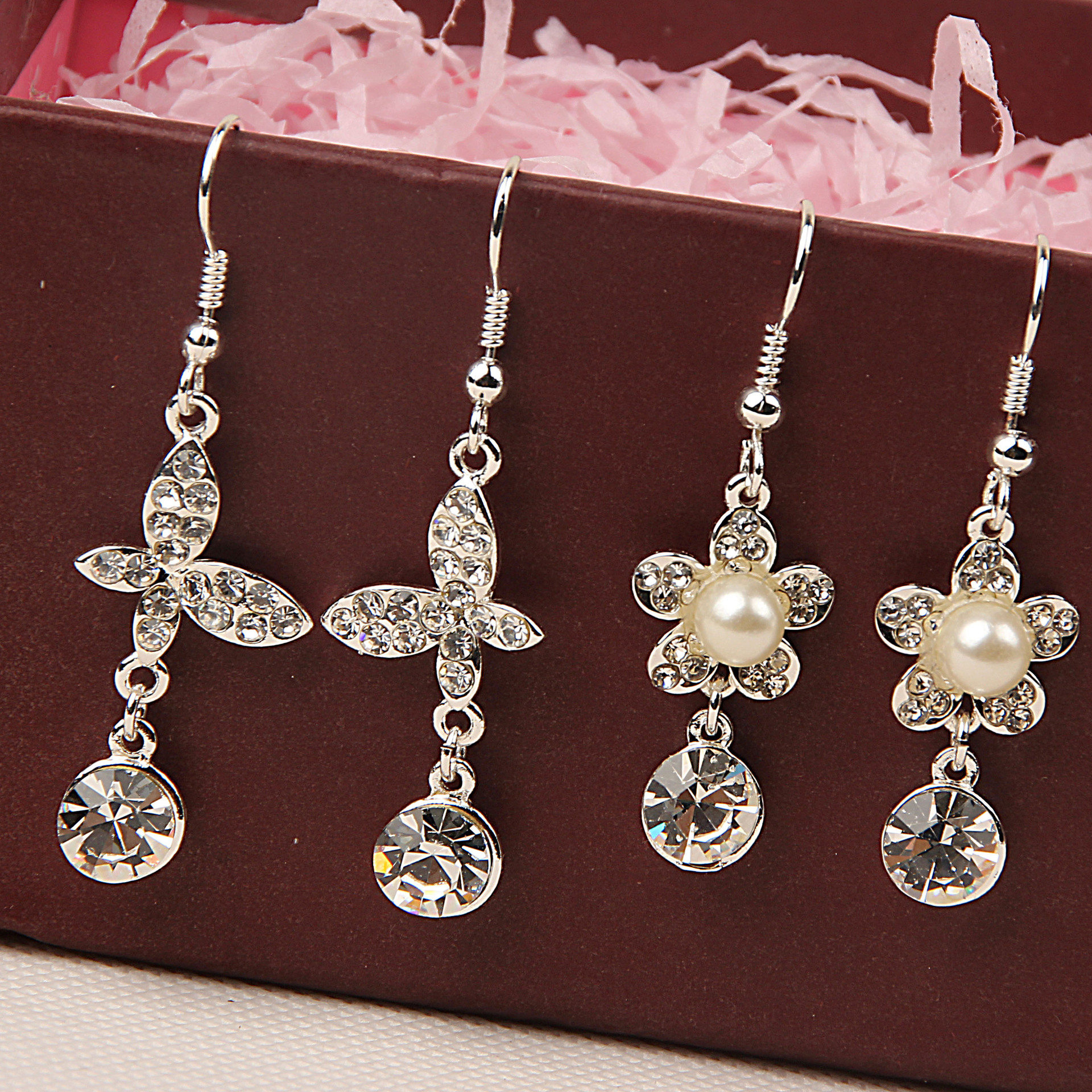 Random mix 100 style 100Pairs/lot Color preserving alloy Set auger Silver crystal pearl Fashion Earrings wholesale earrings New fashion jewe