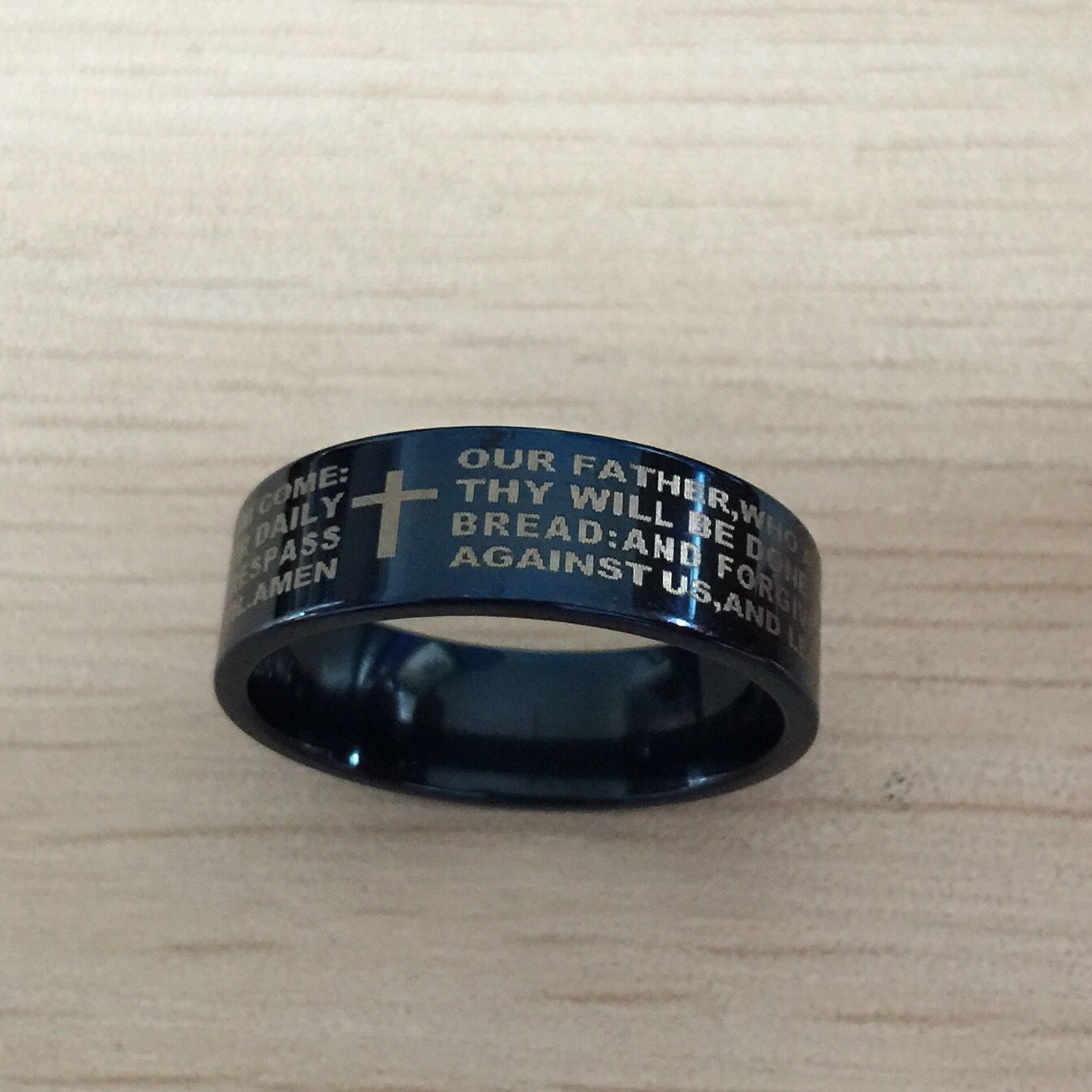 Blue men english bible ring 8mm 316 Titanium Steel cross Letter prayer bible wedding band the lord of the ring men women