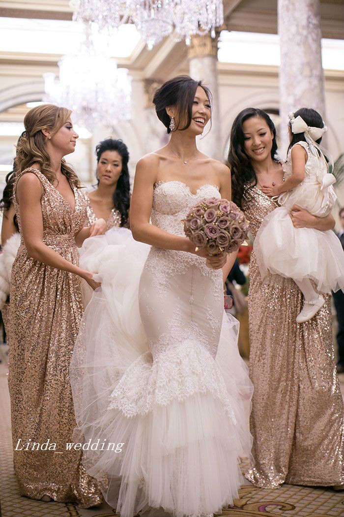 Rose Gold Sparkly Sequins Bridesmaid Dress Popular A-Line V-neck Floor Length Long Maid of Honor Wedding Party Gown