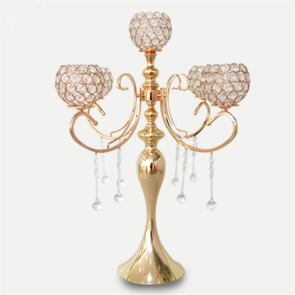 65cm height 5-arms metal Gold candelabras with pendants sumptuous wedding table candle holder home decoration 10 pcs/lot