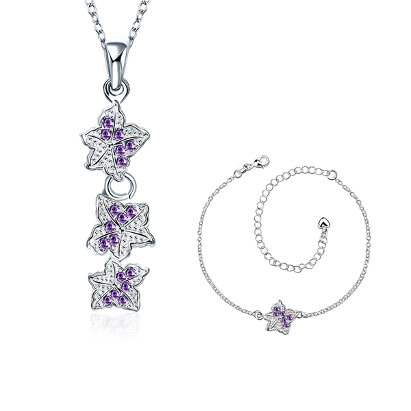 Christmas gift fashion 925 silver necklace bracelet Leaves jewelry sets STSS031A sterling silver blue gemstone rings fit women wedding