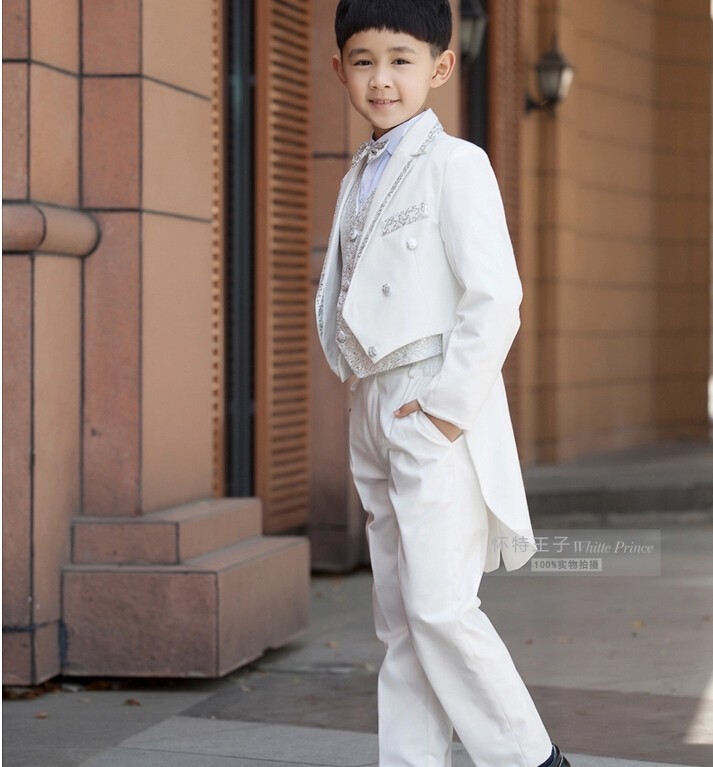Elegant Fashion Children Tailcoat White Tuxedo Set Costume Birthday Fashion Casual Brand Formal Boy Wedding Suits Blazers 5PCS Set